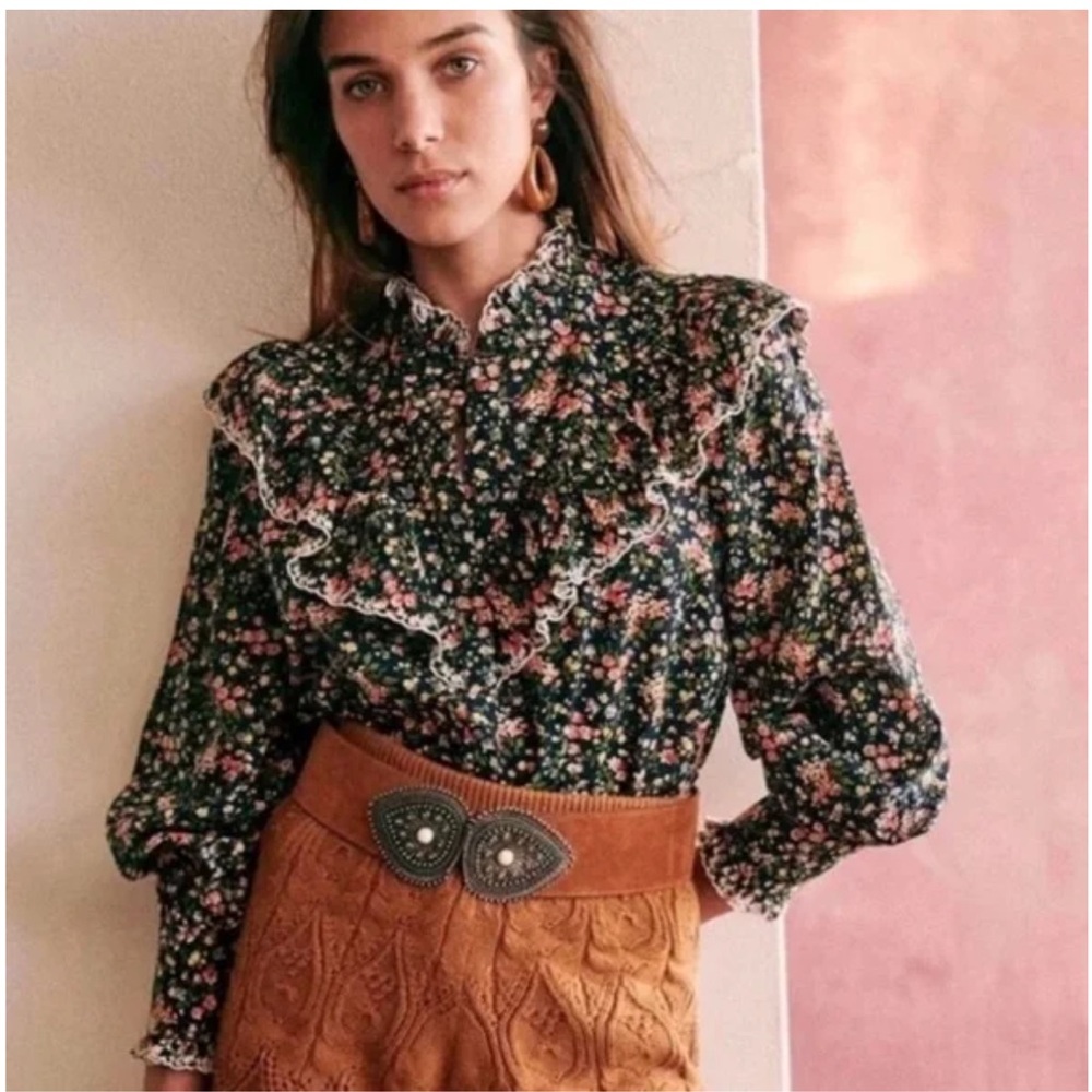 Sezane Black Floral Ruffled Long-Sleeve Blouse